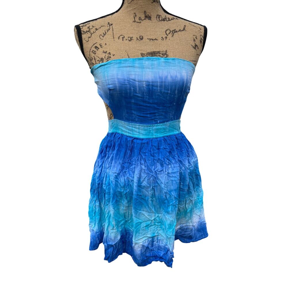 100& Rayon Cotton Candy Blue Tie-Dye strapless summer Mini Dress
